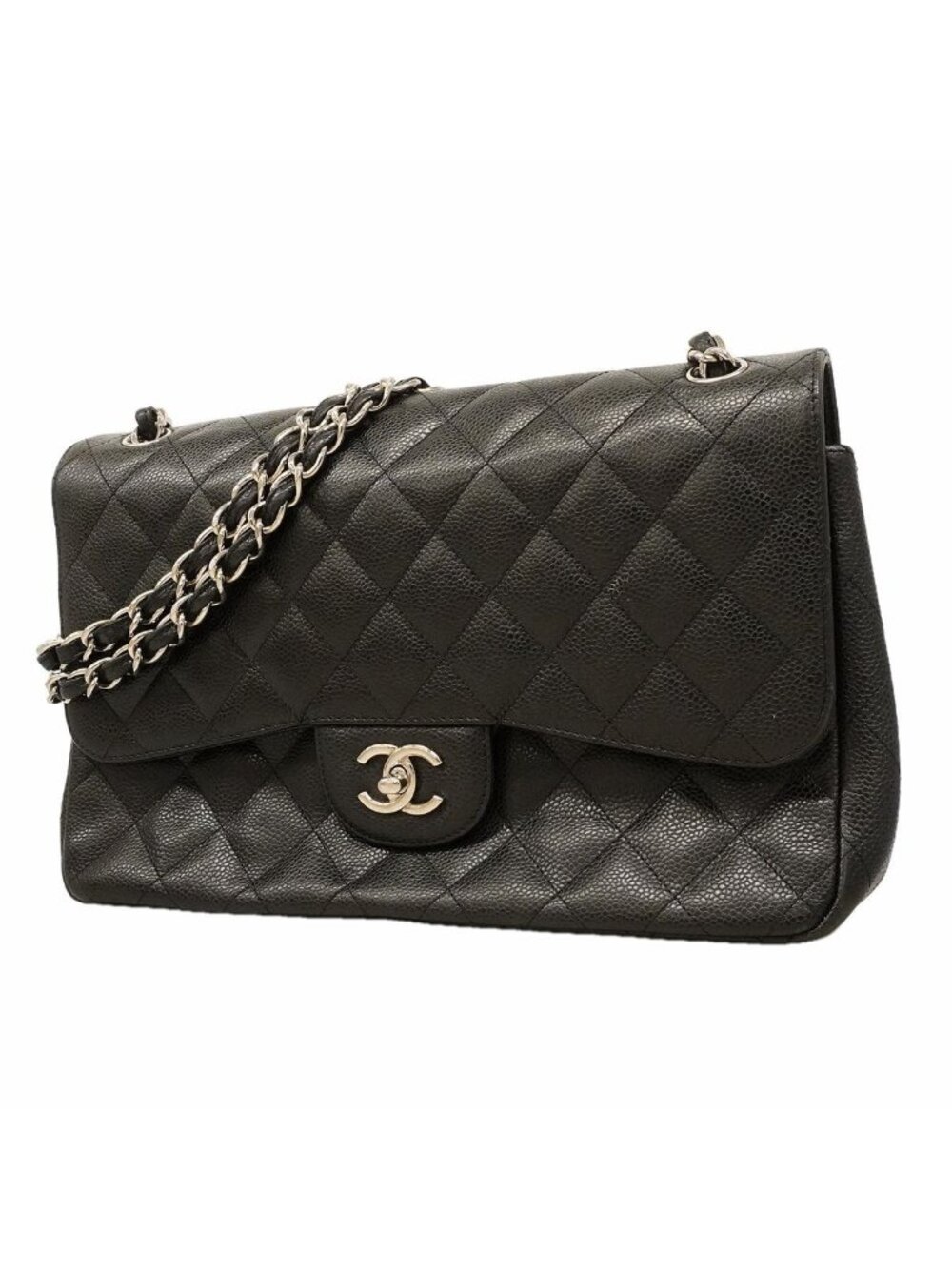 Chanel Shoulder Bag Maxi Quilted Caviar Leather Black Silver
